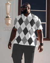 Grey Gentleman Classic Diamond Plaid Polo Shirt Short Sleeve Trousers Suit Men's Plus Size